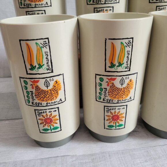 Set Of 6 Vintage Retro 1970s Plastic Tumblers With Farmhouse Design - Picture 2 of 7